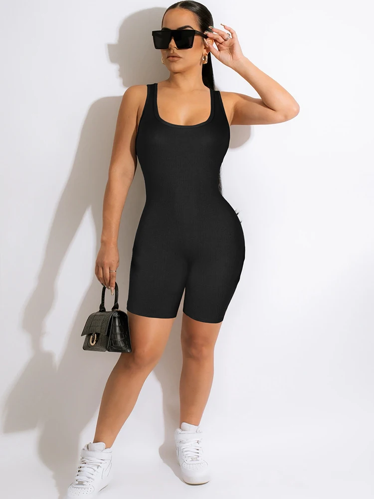 

Sports Casual Knit Bodycon Jumpsuit Women Sexy O-Neck Sleeveless Biker Playsuit Summer Female Stretchy Skinny One Piece Overalls