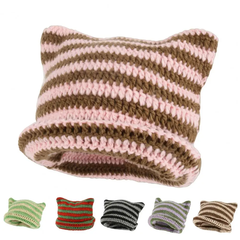 

Beanie Hat No Brim Vivid Color Stretchy Breathable Friendly to Skin Decorative Yarn Winter All-Match Striped Women Knitted Hat f