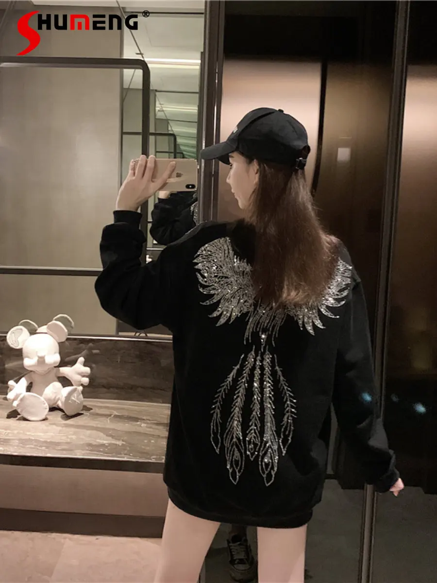 Heavy Embroidery Hot Drilling Wings Black Hoodie Women's Autumn Winter New Clothes Fleece-Lined Thick Mid-Length Sweatshirt Coat