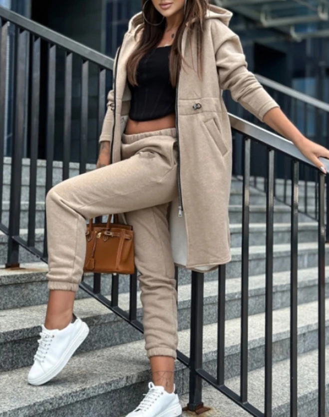 

2023 Autumn Winter Spring New Fashion Casual Womens Two Piece Sets Outfit Zipper Design Longline Hooded Coat & Cuffed Pants Set