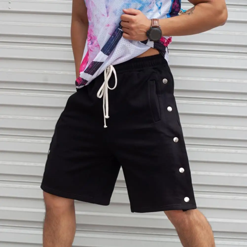 

2022 Men Short Pants Side Button Decor Men Shorts Drawstring Elastic Waist Summer Sport Shorts With Pocket Men Trendy Streetwear