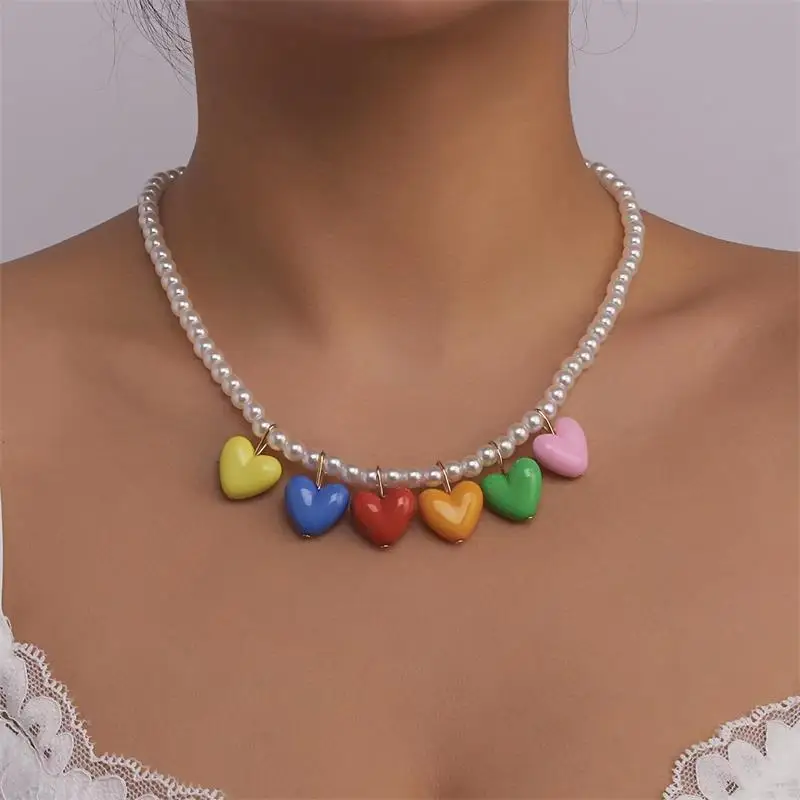 

Fashion Rainbow Pearl Necklace For Women Girls Charms Heart Pendant Choker Necklace Female Aesthetic Neck Chain Jewelry Gifts