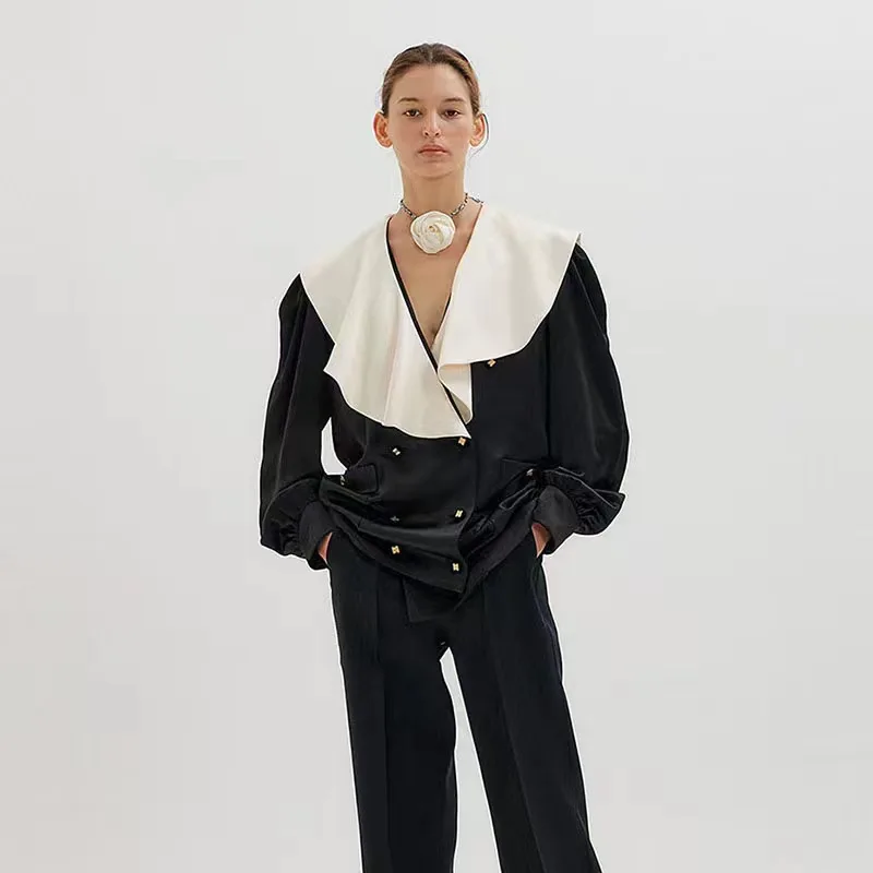 Ruffled Black and White Contrast Shirt For EENK Commuter Law Long Sleeve Double Breasted Draped Cardigan Jacket