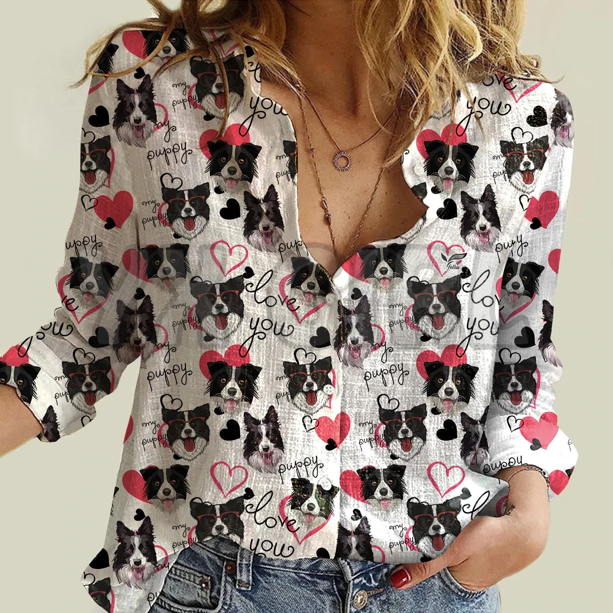 YX GIRL Love Your Border Collie  Women's Long-Sleeve Shirt 3D Printed Button-down Shirt Casual Unique Streewear