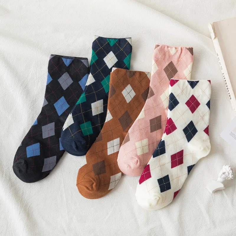5 Pairs Korean Japanese Cute Kawaii Cartoon Women Socks Ins Student Colorful Diamond Plaid Casual Tube Socks