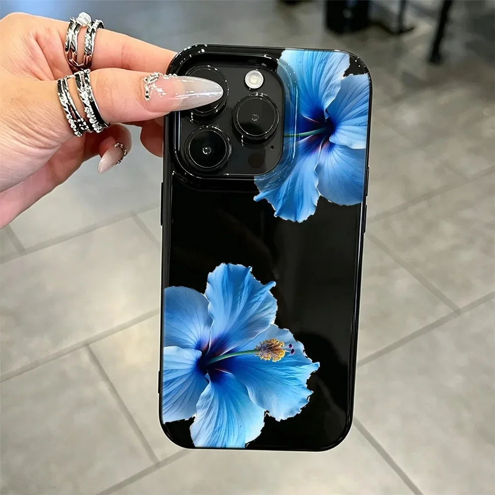 Фото Глянцевый черный чехол для телефона с цветком гибискуса для iPhone 17, 16, 15, 14 Plus, 13, 12, 11 Pro MAX, 17 Air, синий чехол с цветочным узором гибискуса №4