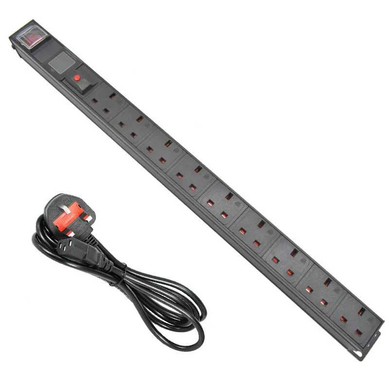 

PDU Power Strip Network Cabinet Rack UK 3 PIN Adapter output 9 Way socket and 13A 3500W overload protection IEC-320 C14 port