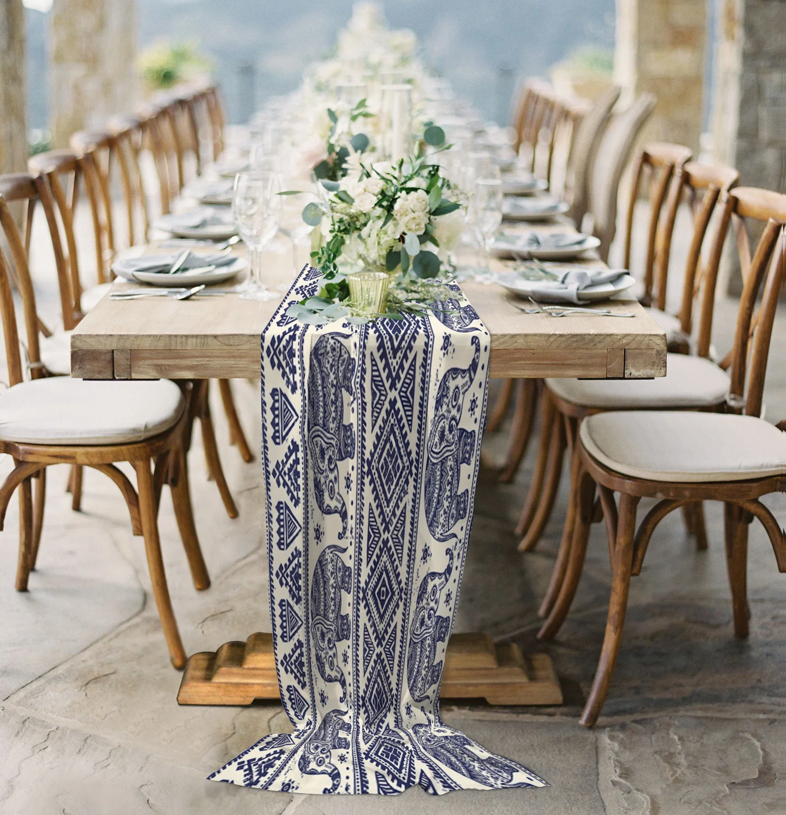

Patterned Elephant Blue Art Sheer Chiffon Table Runner Wedding Party Birthday Luxury Voile Tablecloth Home Decoration