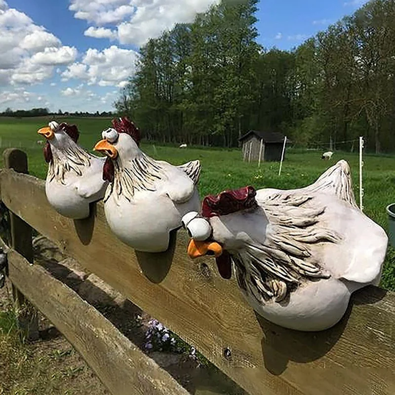 

3 Piece Chicken Sitting On Fence Decor Garden Statues Art Sculptures Farm Patio Resin For Fences Rooster Statues Wall Art Yard