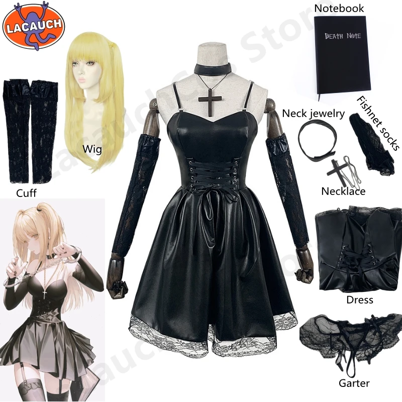 Anime Death Note Cosplay Costume Misa Amane Imitation Leather Sexy Dress +gloves+stockings+necklace+Notebook+Wig Uniform Outfit