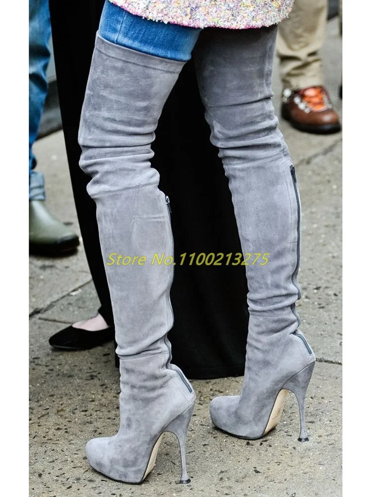 Blue Back Zipper Over The Knee Boots Stiletto High Heel Round Toe Suede Grey Winter Women Boots Platform 2022 Fashion Shoes