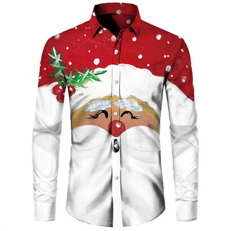 2022 Men's Shirt Christmas 3D Print Casual Cardigan Long Sleeve Shirt Men Clothing Fashion Blouses New Year Couple Streetwear