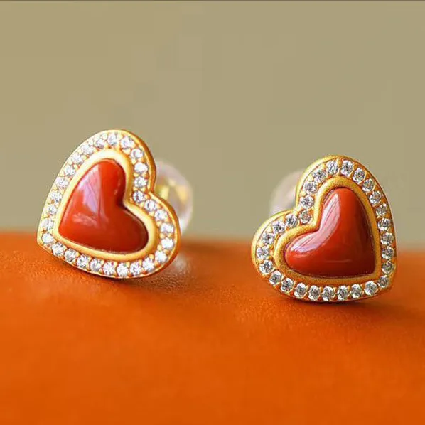 

"Red Heart" Natural Love Heart Stud Earrings S925 Sterling Silver Simple Small Heart-Shaped Ear Rings Goddess