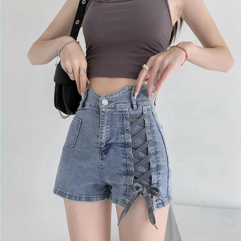 Sexy Ultra-high Waist Spice Girl Lace-up Design Sense Denim Shorts Women 2023 Summer New Slimming Exterior Wear A-line Shorts