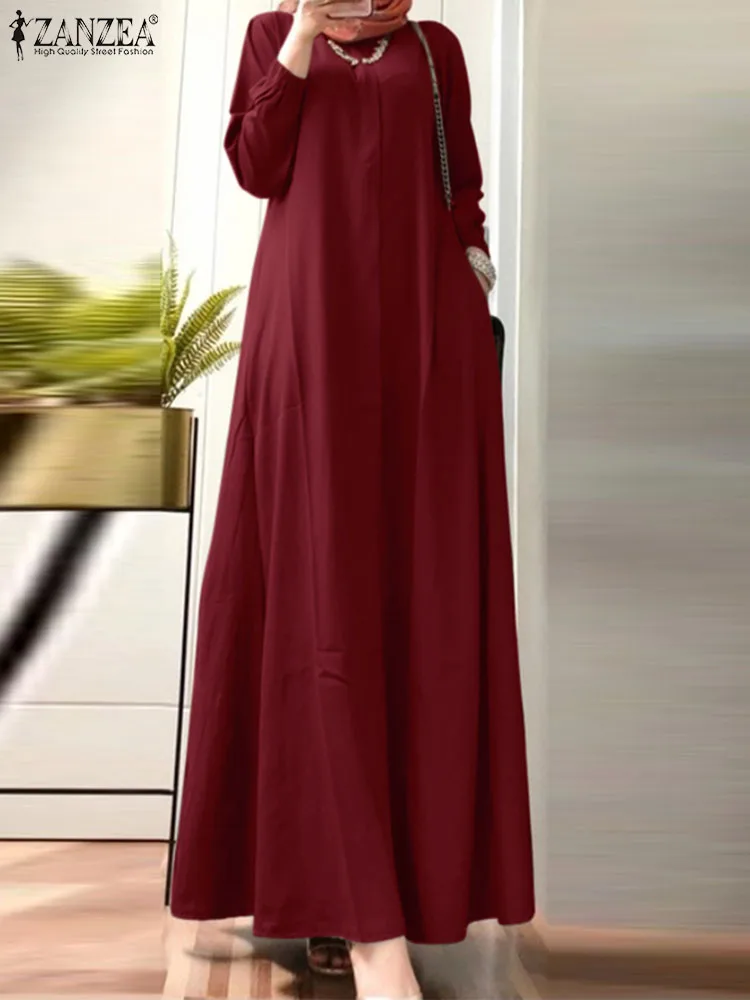

2022 ZANZEA Autumn Casual Vintage Long Robe Women Elegant Muslim Dress Puff Sleeve O-Neck Solid Color Stylish Sundress Oversized