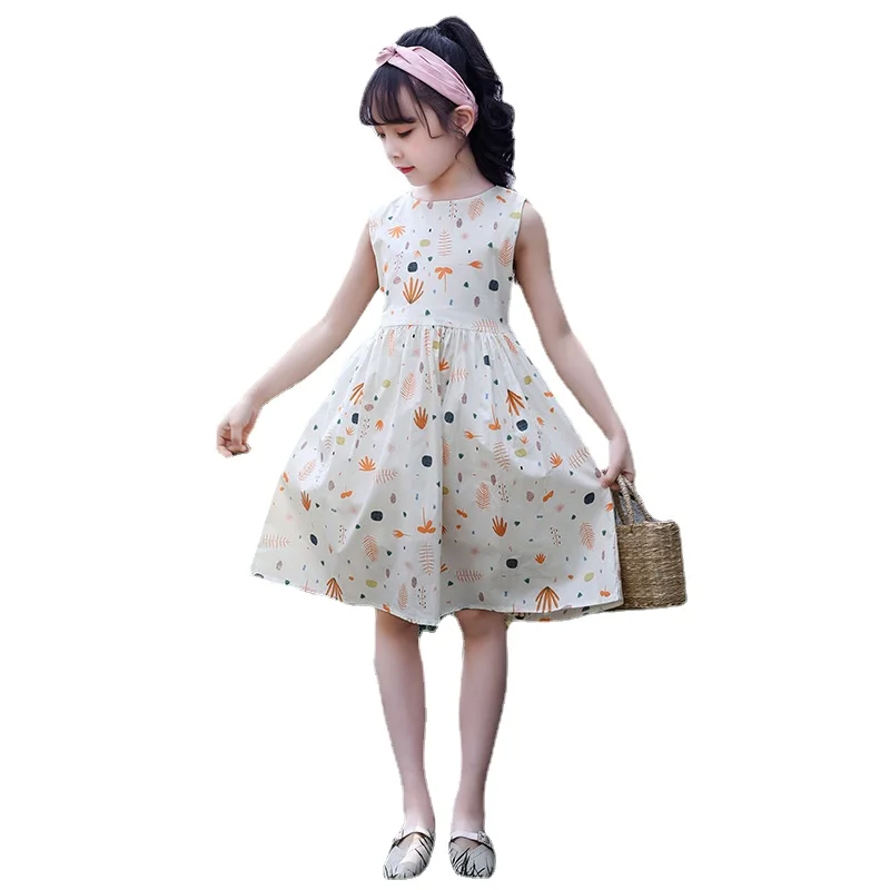 

Girls Cotton Dress Summer Sleeveless Princess Print Pattern Kids Clothing Children's Birthday Party Knee Length Bow Dresses