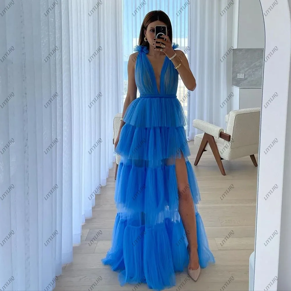 LIYYLHQ V Neck Blue Wedding Party Gown Graduation Dress Tiered Tulle Backless Side Split Prom Dresses Special Occasion