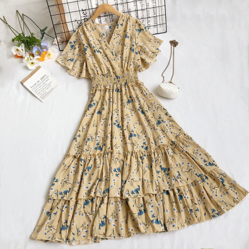

Top Quality Designer chic gentle Summer Woman Clothes 2022 Elegant Puff sleeve printing Floral Knee Length Chiffon Dress