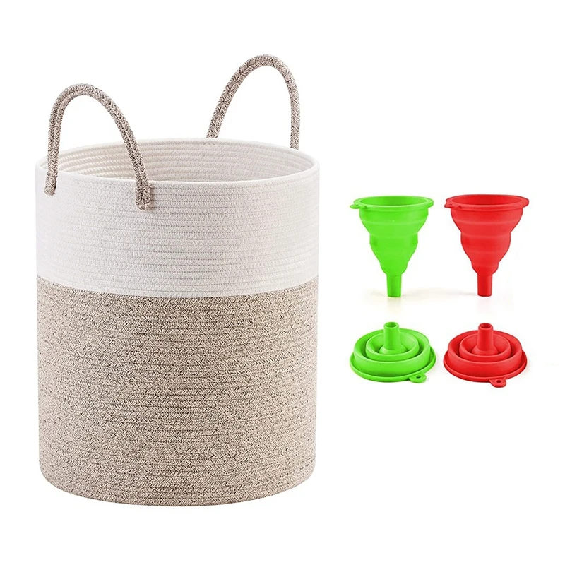 

2 Pcs Foldable Kitchen Funnel, Food Grade Silicone Funnel & 1 Pcs Decorative Woven Cotton Rope Basket