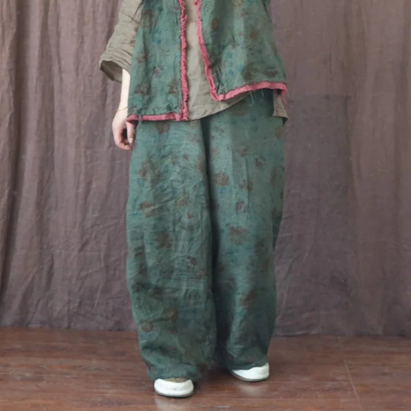 

Женские винтажные брюки, оригинальные Нестандартные Свободные тонкие капри из рами в стиле ретро с цветочным принтом и эластичным поясом, большие размеры, лето 2022