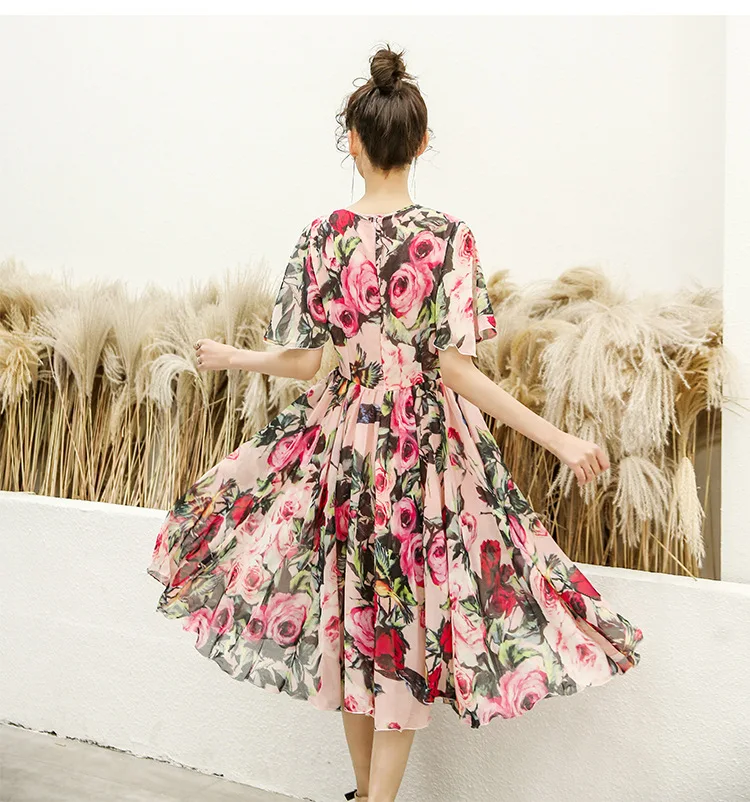 Женское платье средней длины красное в сеточку с принтом листьев лотоса цветов и