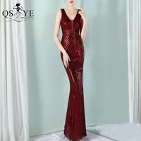 Pattern Lace Burgundy Evening Dresses Mermaid Sequin Prom Gown V neck Sleeveless Party Open Low Back Fitted Red Formal Dress