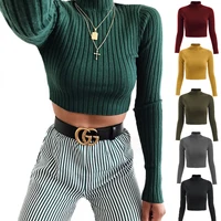 2022 womens autumn and winter half turtleneck solid color long sleeved knitted t shirt slim womens crop top tshirts