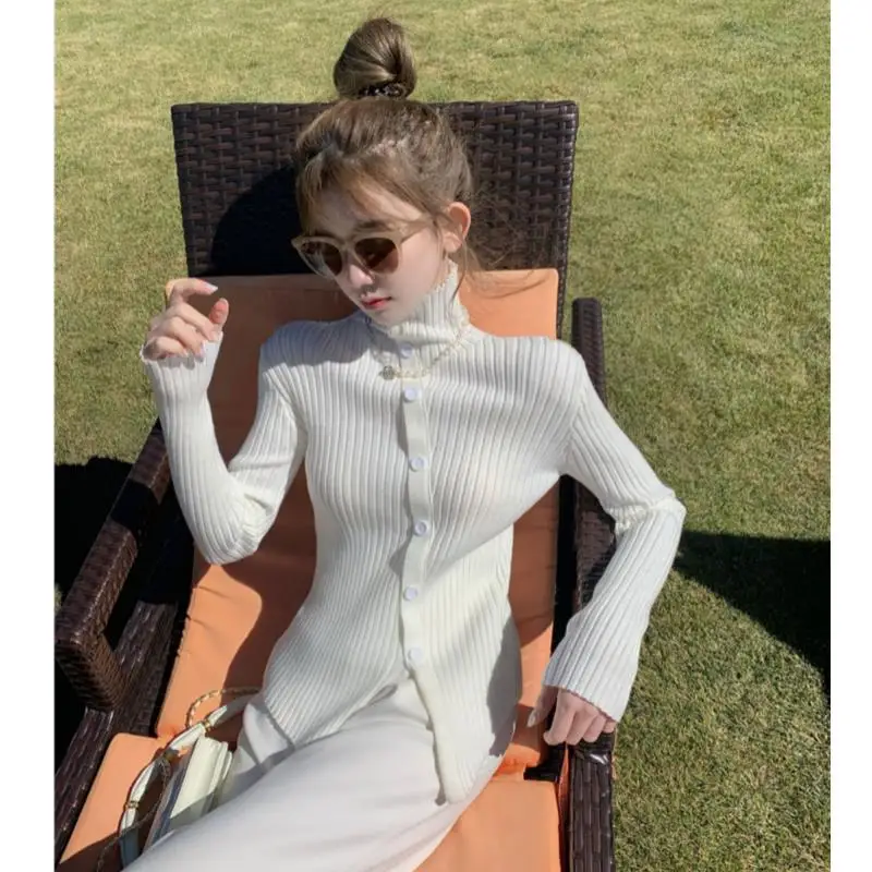 

Женский осенне-зимний однотонный пуловер с асимметричным подолом и длинным рукавом, джемпер, модный свитер на пуговицах в Корейском стиле