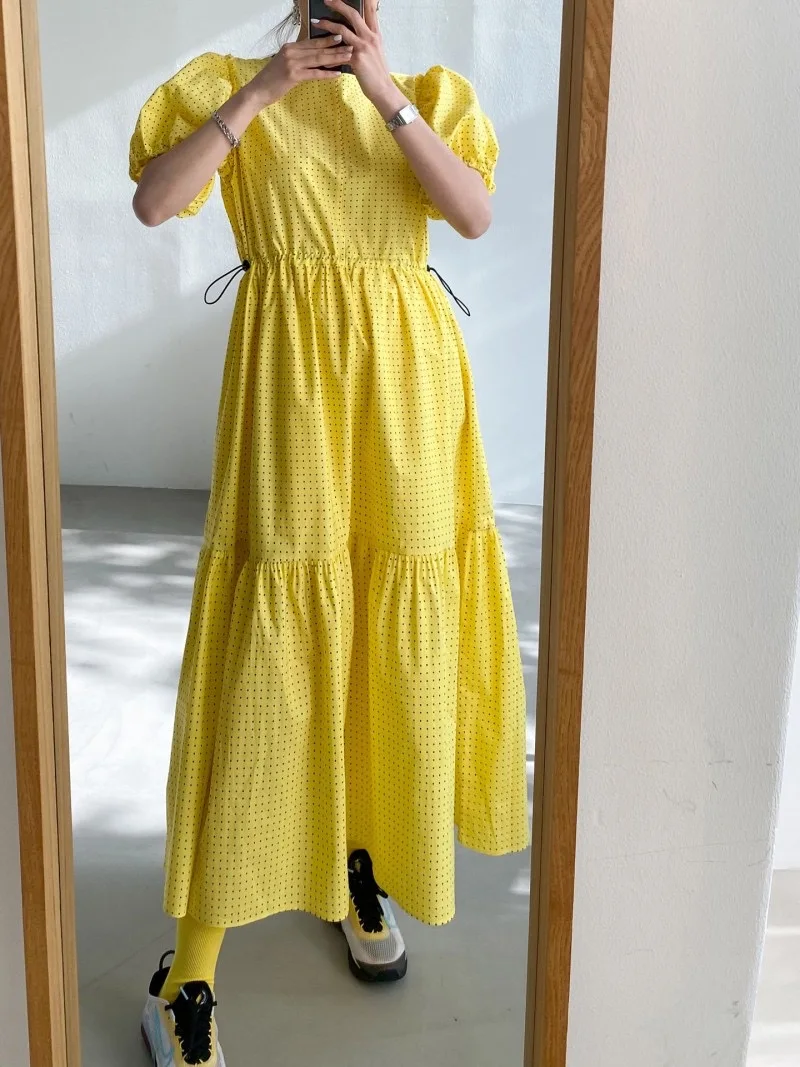 

Платье женское длинное в горошек, контрастный пояс на шнуровке, до щиколотки, модная свободная длинная юбка, лето