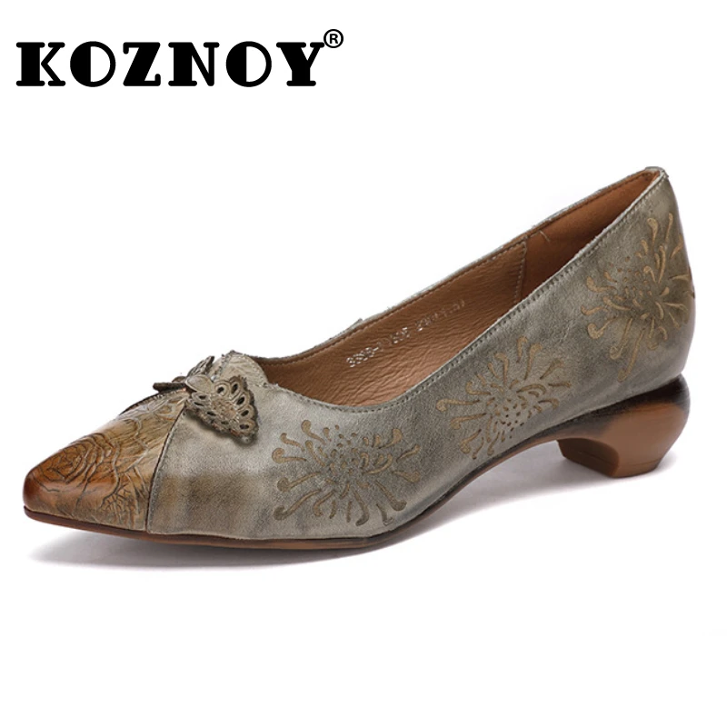 

Koznoy 3cm Woman Ethnic Soft Soled Moccasins Summer Flats Slip on Embossed Genuine Leather Lady Fashion Sandals Point Toe Shoes