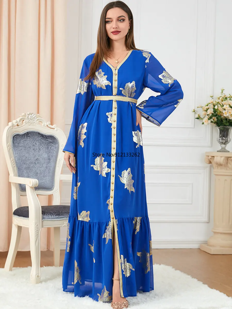 Floral Print Kaftan Arabic Long Dress Women Autumn Chiffon Belted Eid Muslim Party Dresses Gulf Jalabiya Dubai Turkish Abaya