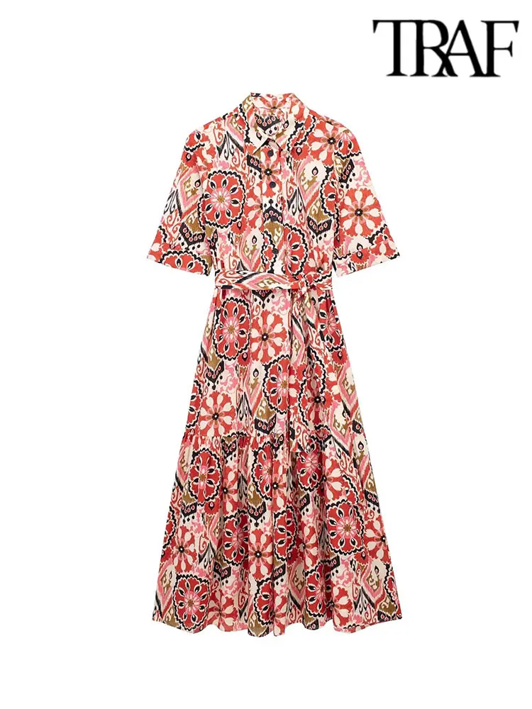 

TRAF2023 New Women Summer Shirts Dress Vintage Print Sashes Bow Tie Short Sleeve Female Elegant Dresses Clothing