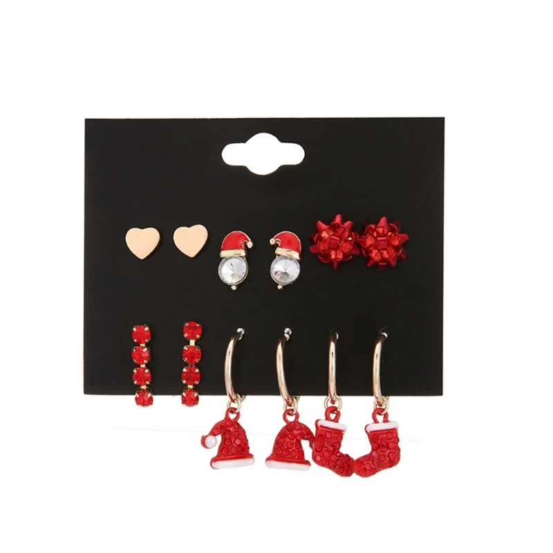

6 Pairs Red Christmas Earrings Kit Tiny Cute Santa Hat Stud Earring Xmas Jewelry