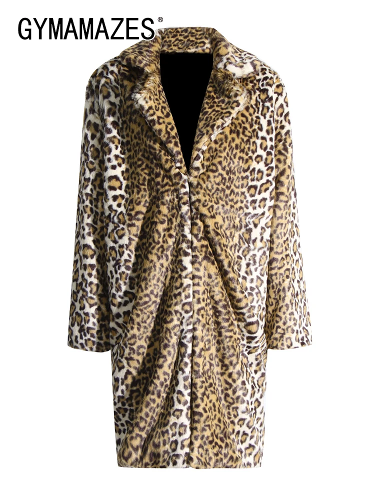 

GYMAMAZES Colorblock Leopard Faux Furs For Women Lapel Long Sleeve Patchwork Folds Thick Warm Casual Coat Female Fashion Clothes