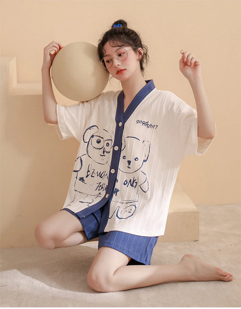 Cotton Women Pajamas Sets Cartoon Pyjamas Female Loungewear Pijamas Short Sleeve Button Down Top Shorts Suit Sleepwear Nightwear