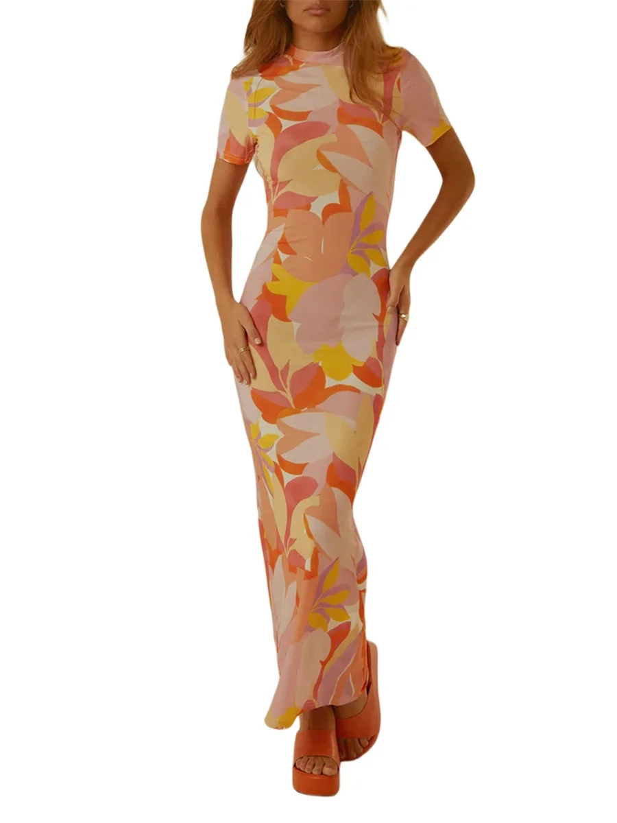 

Women Sexy Maxi Dress Bodycon O-neck Short Sleeve Y2K Aesthetic Printed Summer T-shirts Long Dress Fashion 2022 Dress