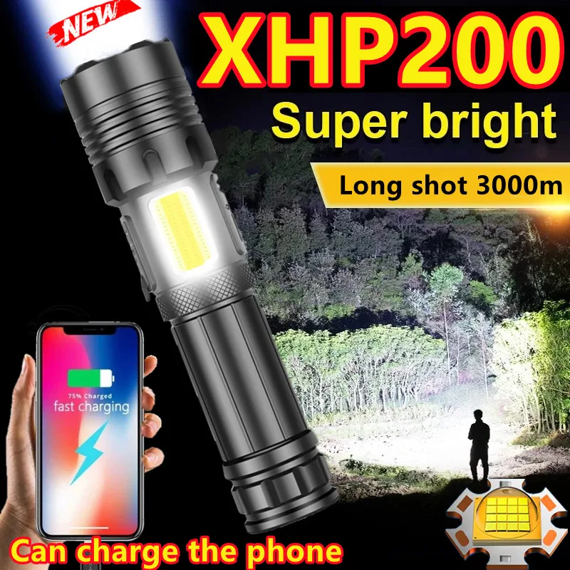 

2022 Upgrade XHP200 Most Powerful Led Flashlight High Power Torch light Rechargeable Tactical flashlight 18650 Usb Camping Lamp