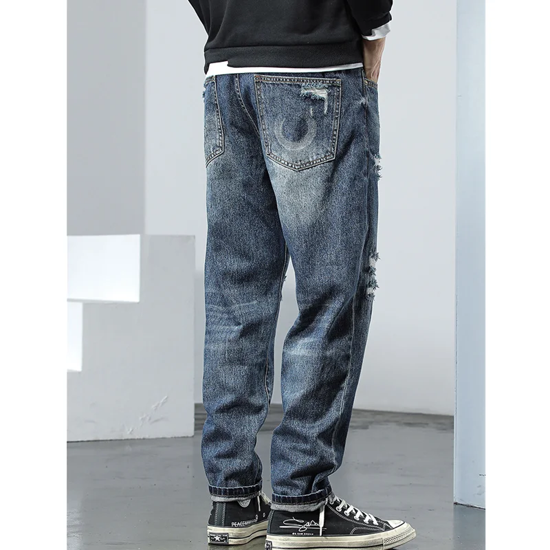 Men Clothing New Pattern Hole Patch Jeans Loose Recreational Straight Cylinder Blue Temperament Wide Leg Trousers Autumn Female