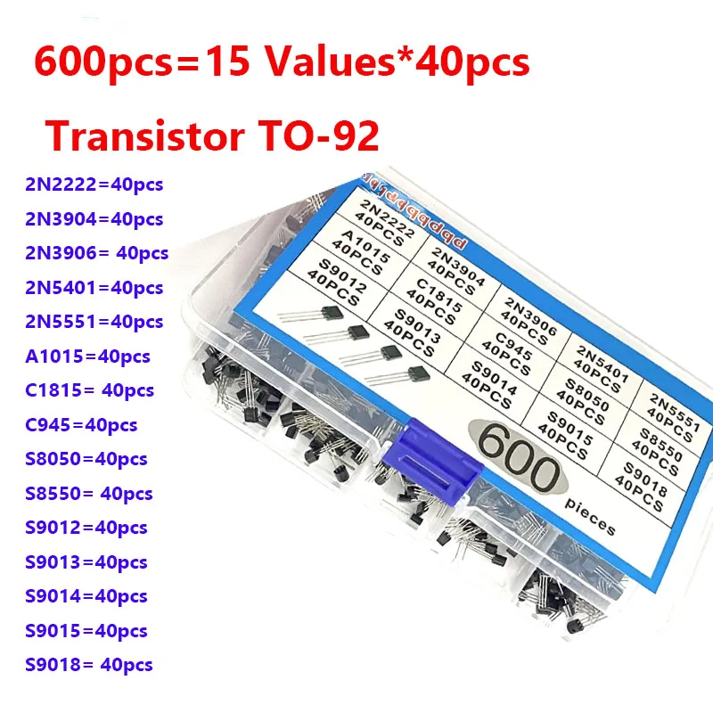 

TO-92 Transistor Assortment Kit 30-160V 50-1000mA NPN PNP 2N2222 2N5551 S9014 C945 S9018 S8050 600pcs 15ValuesX40PCS