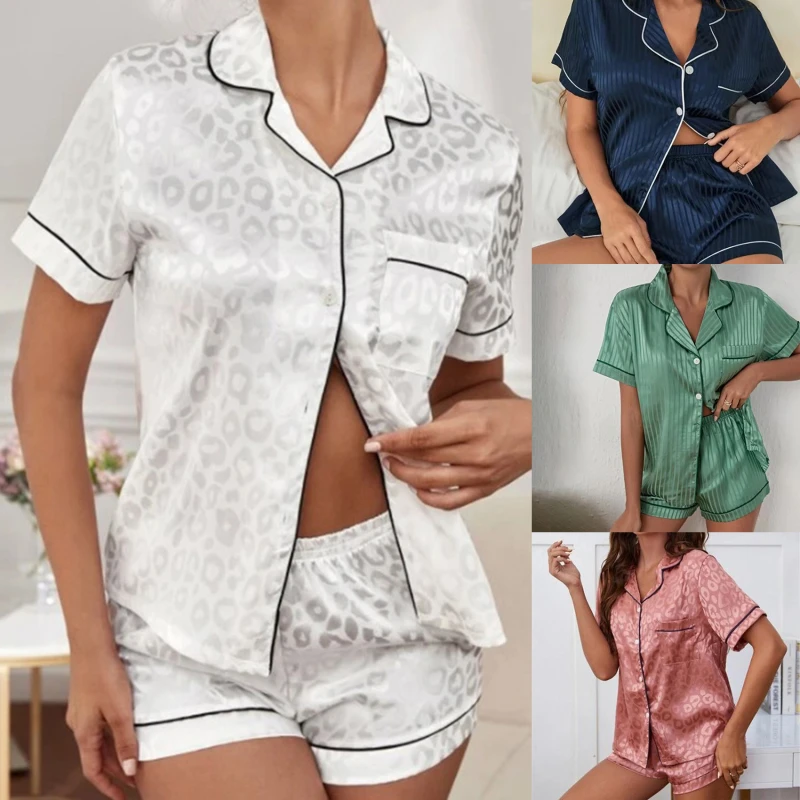 

Pajama Set Women Striped Silky Satin Pajamas Short Sleeve Top with Shorts Sleepwear Set New Comfortable Underwear V-Neck