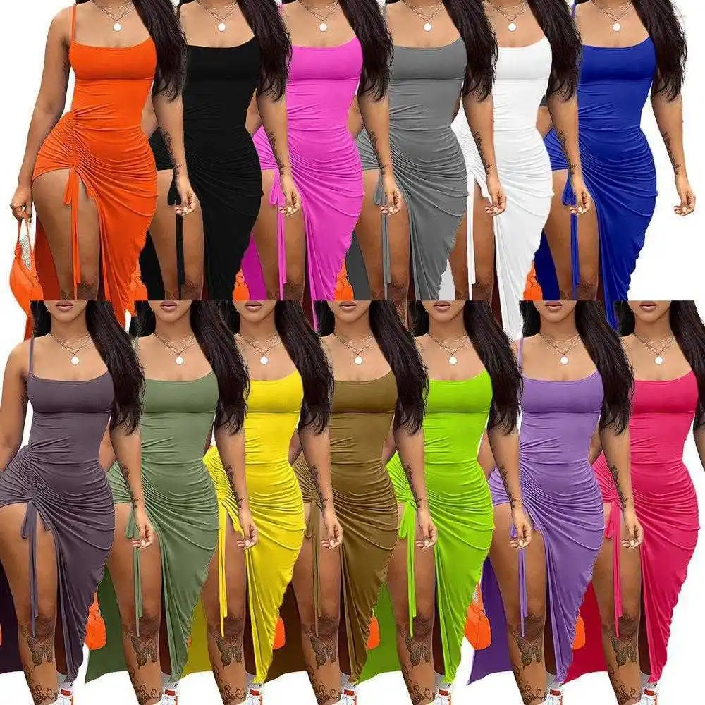 

Summer Womens Clothes Casual Dresses Sexy Backless Pleated Slit Slim Fitting Solid Color Suspender Dress