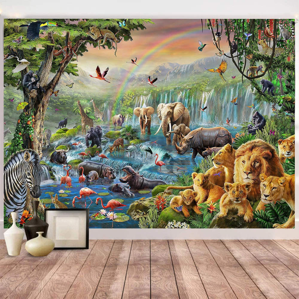 

African Safari Wildlife Tapestry Tropical Forest Animal Elephant Flamingo Lion Giraffe Zebra Wall Hanging Bedroom Living Room Ta