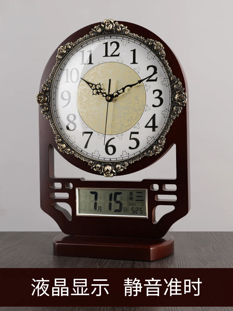 

Solid Wood Vintage Clock Seat Clock Chinese Living Room Mute Creative Clock Decoration Desktop Home Desktop Large Desk Clock