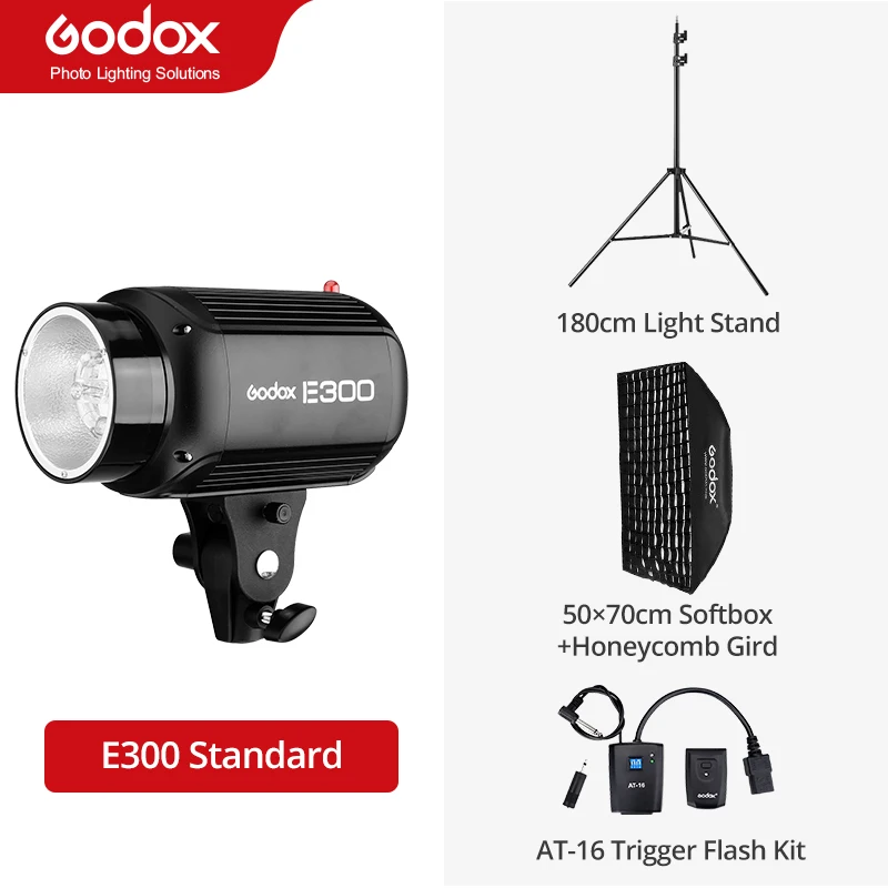 

Вспышка Godox E300 300Ws для фотостудии + 50x70 см сотовая рамка + 180 см оссветильник ительная стойка + AT-16 триггер комплект вспышки