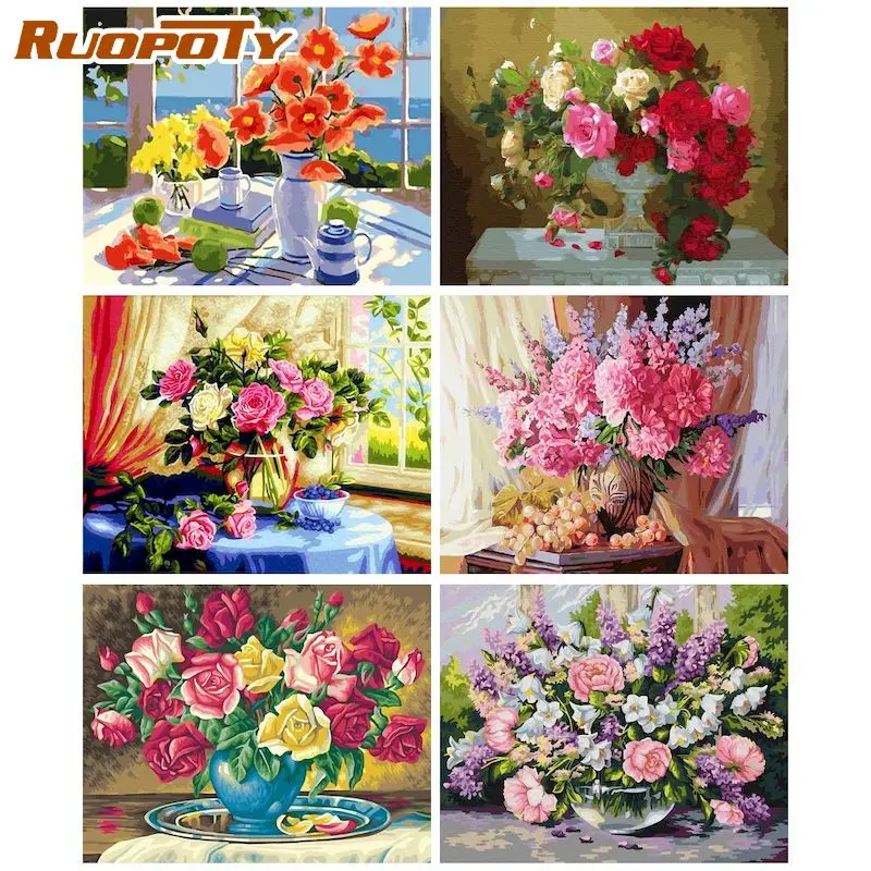 

RUOPOTY Framed Diy Handpaint Still Life Paintings By Numbers for Home Decor 40*50cm Flower & Grape For Special Wall Decor
