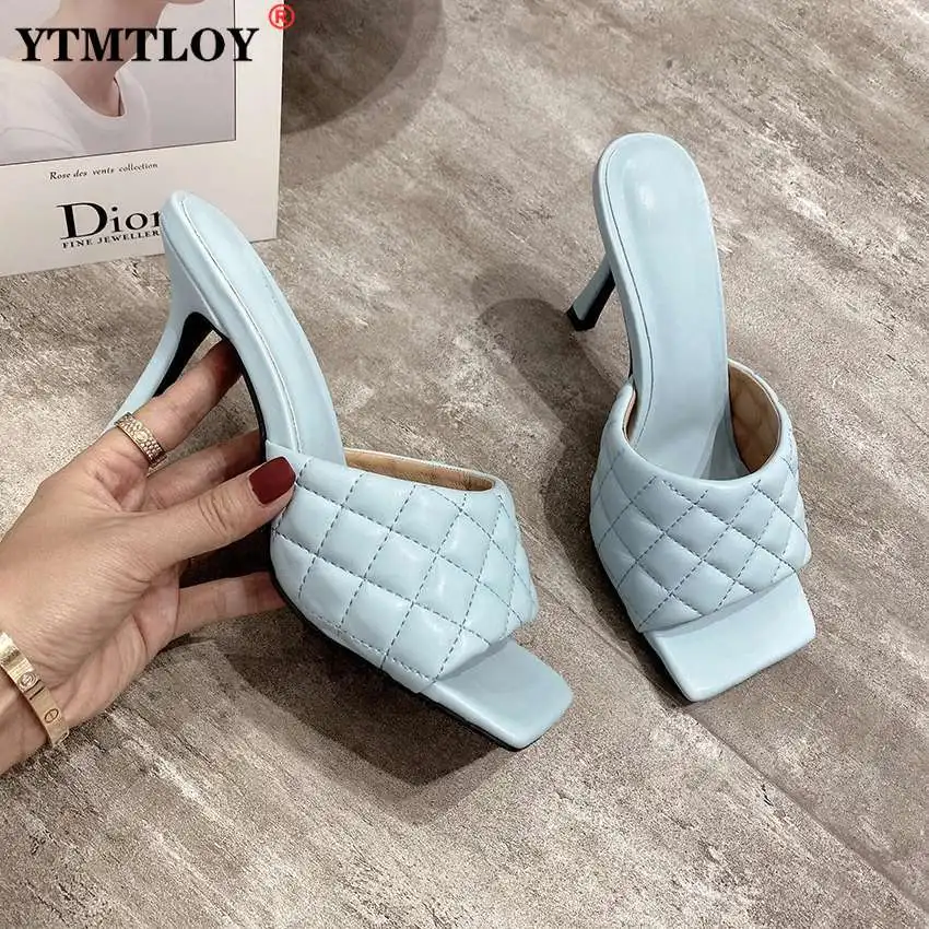 

Шлепанцы женские на высоком каблуке 9 см, элегантные брендовые дизайнерские сандалии с квадратным носком, пляжные тапочки, сланцы, летняя Ул...