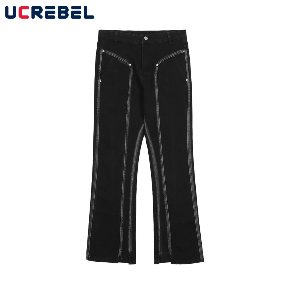 

Contrast Paneled Denim Pants Mens High Street Loose Straight-leg Pants Streetwear Asymmetrical Hem Jeans Casual Trousers Men