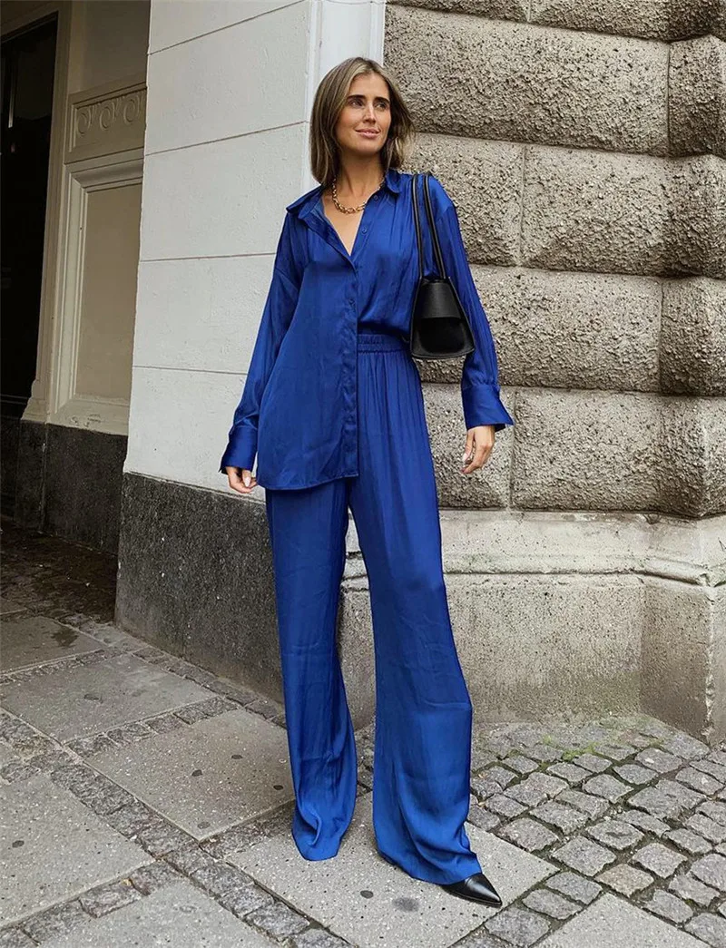 

Two Piece Sets Womens Outifits Y2K Clothes 2022 Autumn Office Lady Mop Wide Leg Pans Solid Blue Lapel Suits Casual Loose Sets