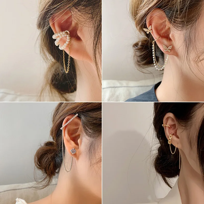 

Vintage Diamond Butterfly Pearl Chain EarClip For Women 925 Sliver Needle Long Chain Geometric Ear Bone Earring Fashion Jewelry
