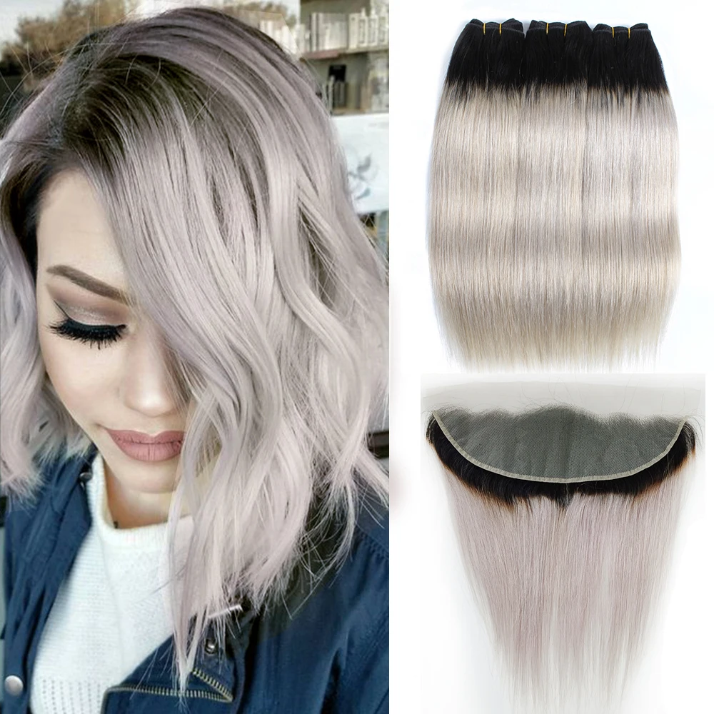 Light Grey Human Hair Bundles with Frontal Transparent 13x4 Lace Closure Straight Blonde Grey Remy Hair Extensions Bobbi